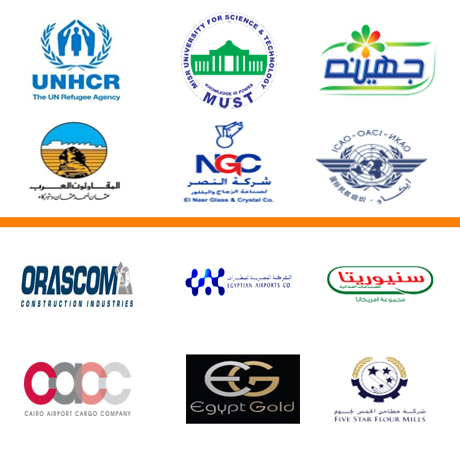 Logos of Shehabco's clients in airports, construction, petroleum and gas, universities, and corporate sectors