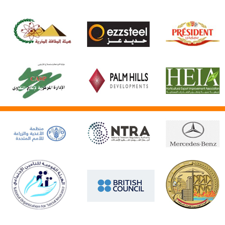 Client logos from energy industries, steel and food factories, telecommunication, and real estate development, automotive, pharmaceutical, educational sectors
