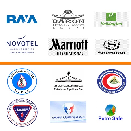 Client logos from hospitality, petroleum and gas, universities, and corporate sectors