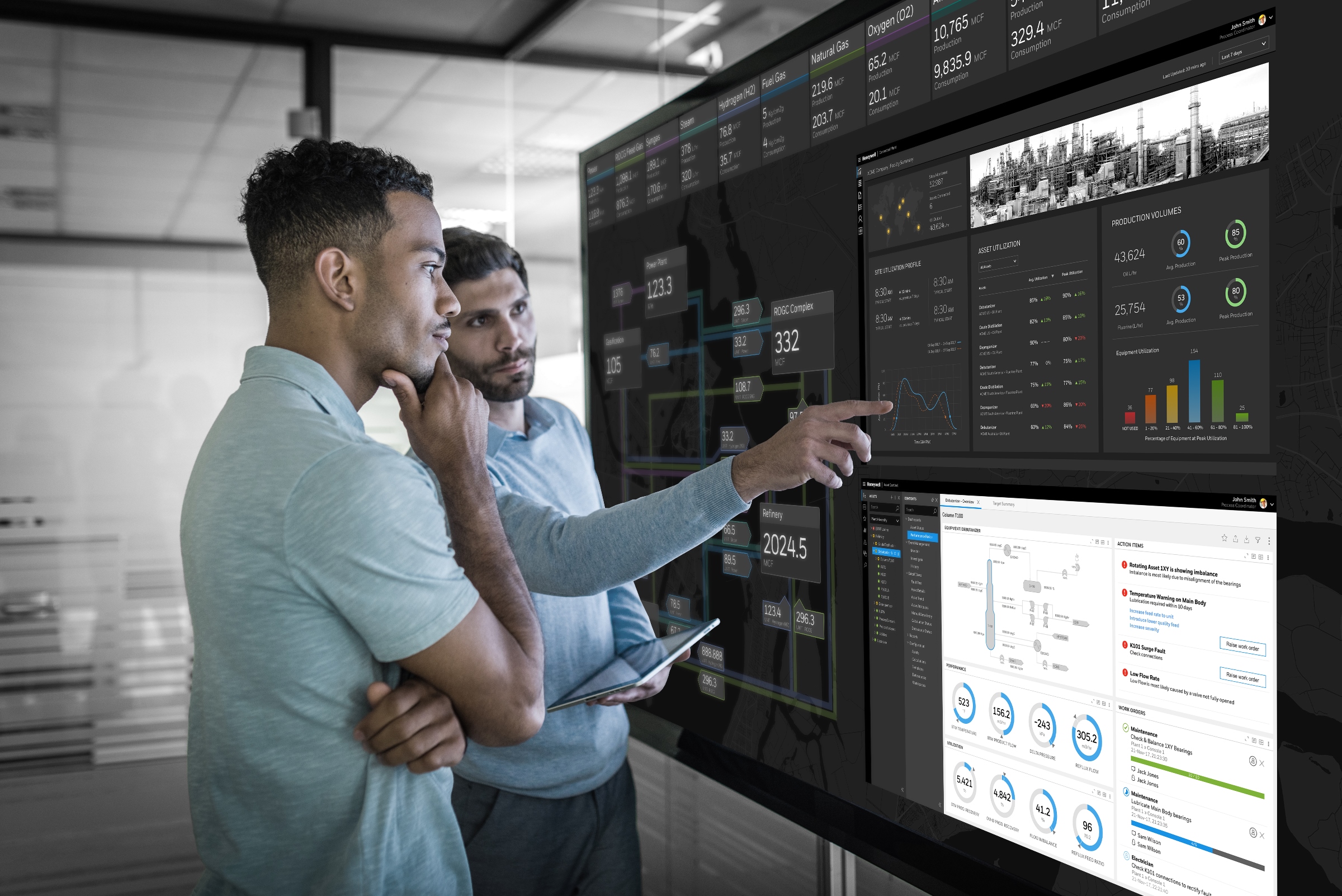 Two operators in a security control room monitoring integrated security systems with screens displaying real-time alarm and event statistics.
