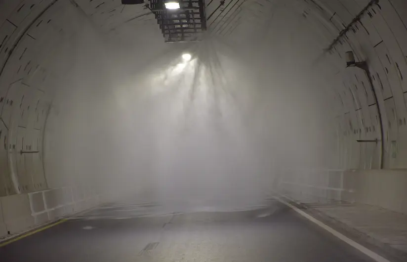 High-pressure water mist system installation at Ismailia Tunnel, Egypt, enhancing fire safety in critical infrastructure.